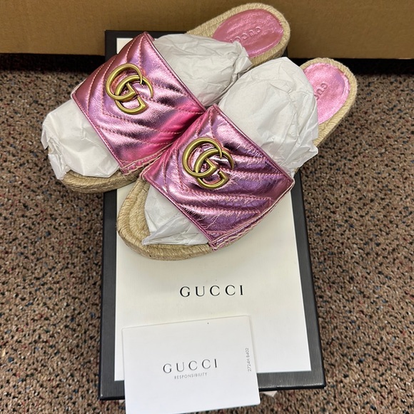 GUCCI AUTHENTIC PINK GG PILAR ESPADRILLE SLIDE SANDALS WOMENS 36.5 NIB - Picture 4 of 7